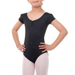 Danskin Now Girls Black Cap Short Sleeve Premium Dance Leotard 14 - 16 XL